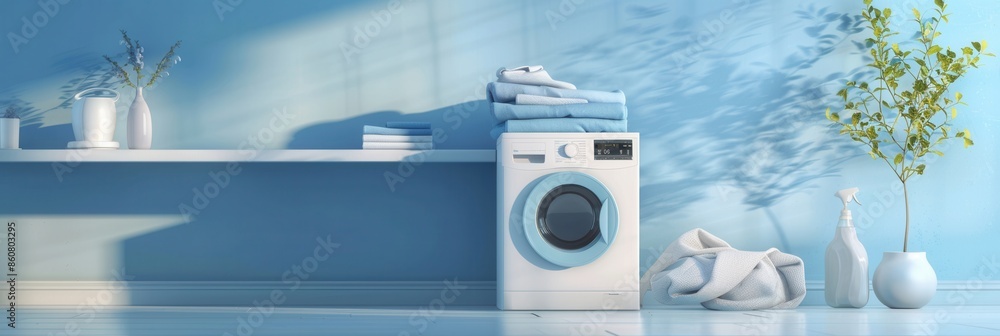Poster a white washing machine stands in a modern laundry room with a stack of freshly laundered clothes on