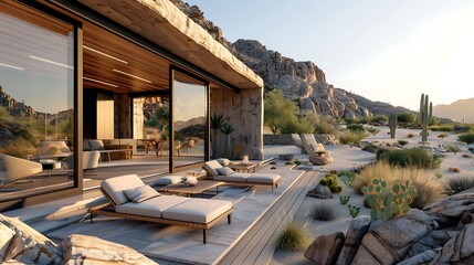 Fototapeta premium desert retreat where the lounge area features retractable walls that open to an outdoor seating area surrounded by serene desert views