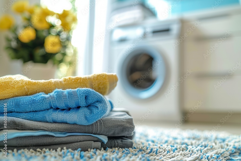 Poster a stack of neatly folded clean laundry sits near a washing machine in a modern bathroom. generative 