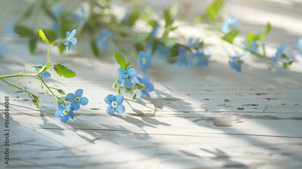Poster forgetmenots on a light wooden background selective focus spring mood copy space : generative ai