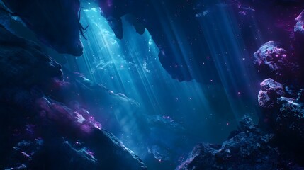 Obraz premium 43. Generate an abstract underwater cavern with bioluminescent flora and fauna inhabiting translucent rock formations, illuminated by an underwater glow.