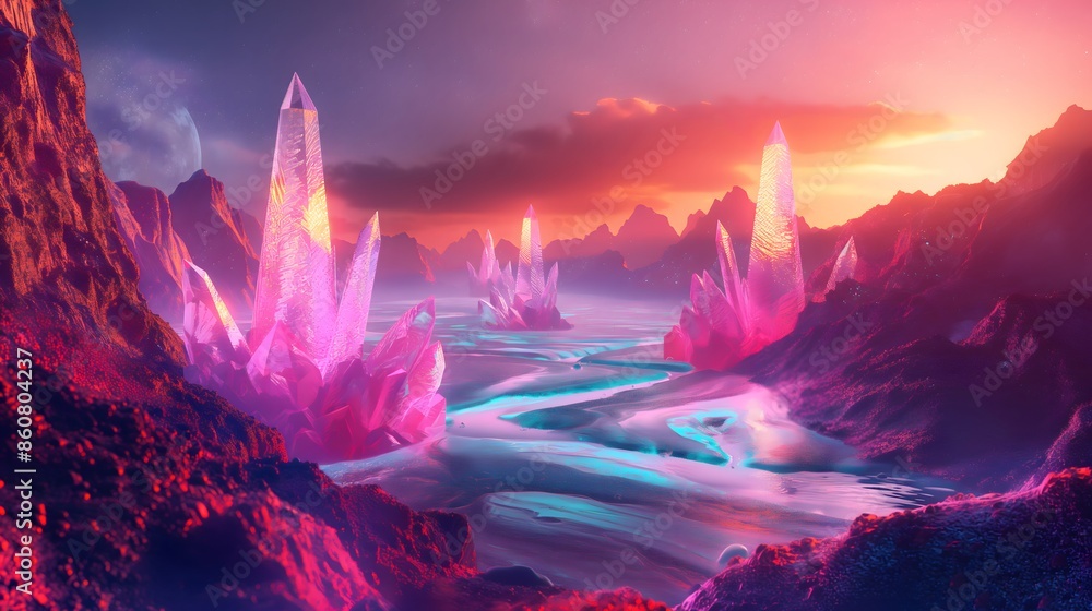 Poster 44. render a surreal abstract landscape with floating islands of pulsating crystals and shimmering p