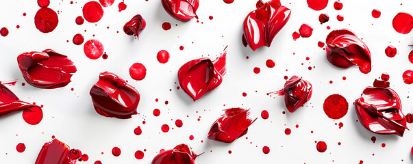 Ruby paint bursts scattered in a random yet aesthetically pleasing pattern on a white background, highlighting the beauty of imperfection and spontaneous creativity.