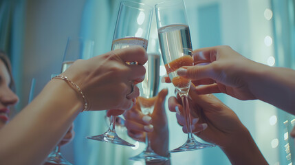 Young bridesmaids clinking with glasses of champagne in hotel room Closeup photo of cheerful girls celebrating a bachelorette party Females have toast with wine : Generative AI