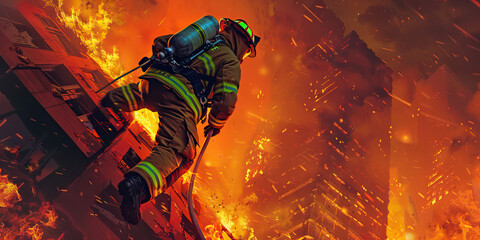 A firefighter climbs up a burning building, their tools and gear bouncing against their back