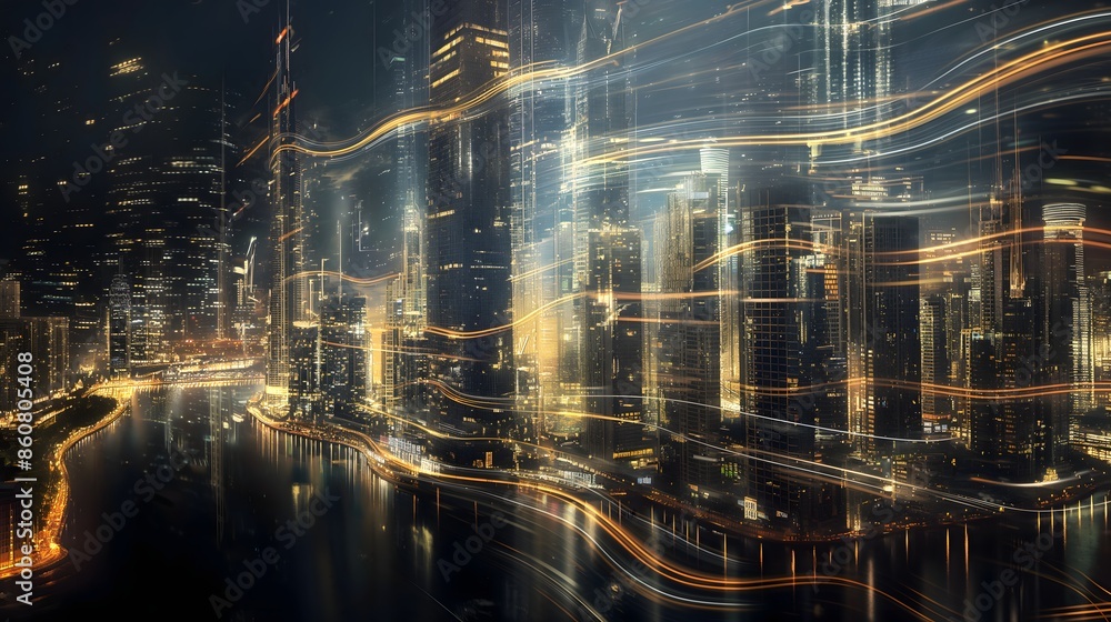 Poster 25. create a dynamic abstract cityscape with skyscrapers wrapped in pulsating ribbons of light, refl