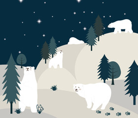 Winter Wonderland Illustration, Polar Bears Roaming, Starlit Arctic Forests Under Northern Night Sky
