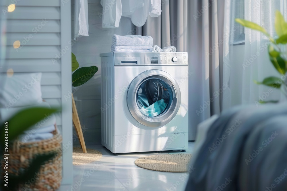 Poster a white washing machine with a glass door sits in a modern bathroom. the machine is beside a stack o