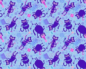 Obraz premium Christmas cartoon animals seamless cats and toys pattern for wrapping paper