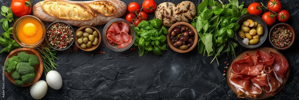 Wall mural Fresh ingredients elevate dishes. Bread, vegetables, meat, cheese, herbs, and eggs are important - Wall murals