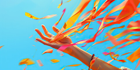 A hand reaches out to grab a fluttering streamer, pulling it close as a symbol of their triumph in the race to the finish line