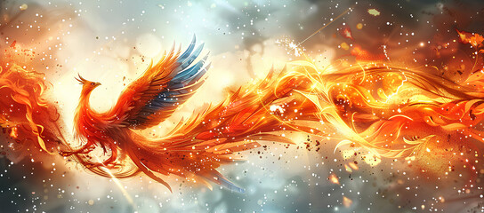 Phoenix bird fire fantasy firebird abstract magic 3D eagle animal. Phoenix bird fire tale character illustration render hawk fairy wings graphic feather gold background fenix logo icon red art pheonix