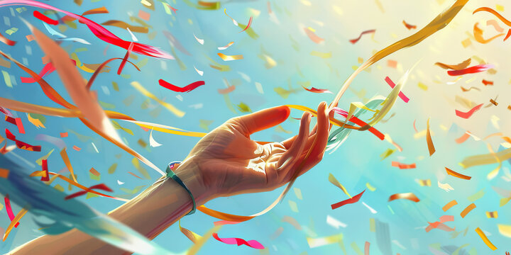 A hand reaches out to grab a fluttering streamer, pulling it close as a symbol of their triumph in the race to the finish line