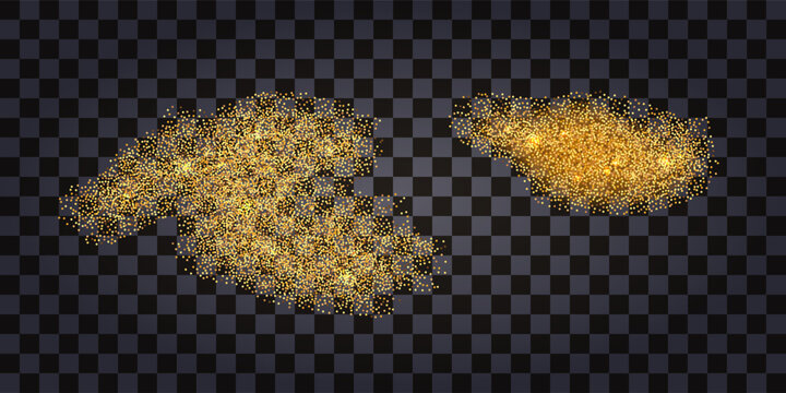 Gold glitter splash powder, yellow golden sand particles. Isolated design elements on transparent background. Vector illustration