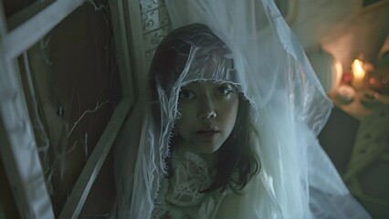 A spooky video featuring a ghostly figure in an old, abandoned house