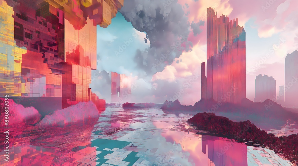 Poster 19. generate a virtual reality-inspired abstract environment with glitched geometric shapes and digi