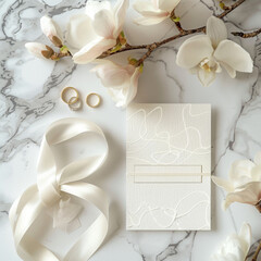 Elegant wedding invitation card mockup featuring silk ribbon, golden rings, and floral branches on a marble table. Perfect for showcasing a wedding stationery set.