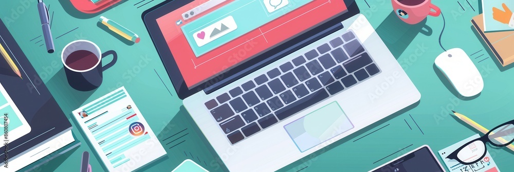 Aufkleber a vibrant workspace with a laptop displaying open social media tabs, showcasing productivity and dig