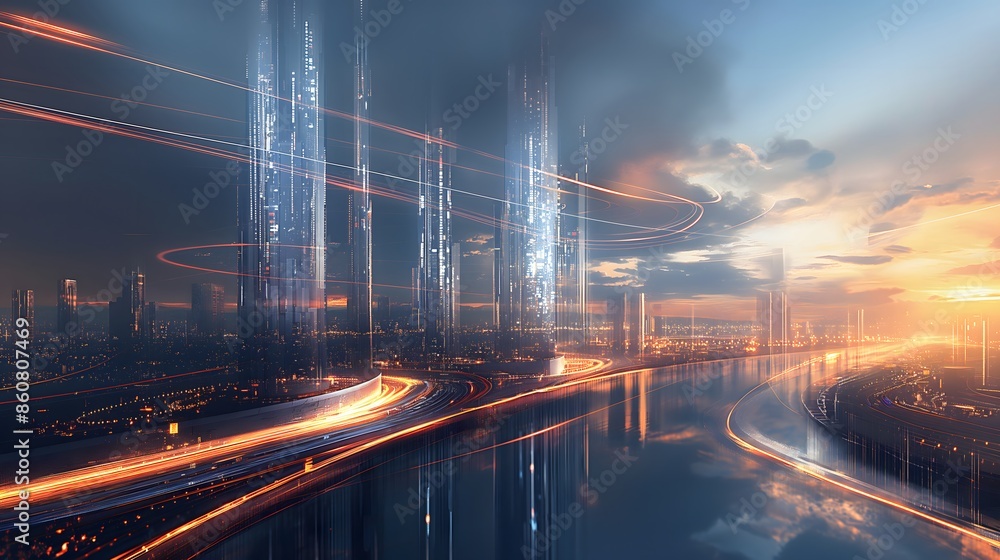 Poster 25. create a dynamic abstract cityscape with skyscrapers wrapped in pulsating ribbons of light, refl