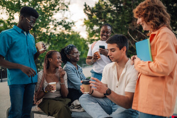Interracial college students on coffee break at university campus talking