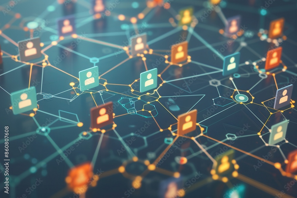 Fototapete A network of colorful icons representing people connected by lines, symbolizing the power of social media communities and online interactions. Generative AI