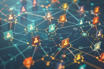 A network of colorful icons representing people connected by lines, symbolizing the power of social media communities and online interactions. Generative AI