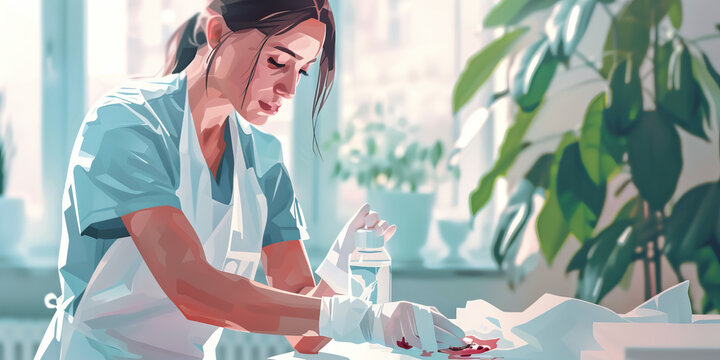 A nurse tenderly cleans and bandages a cut making sure it's not bleeding anymore.