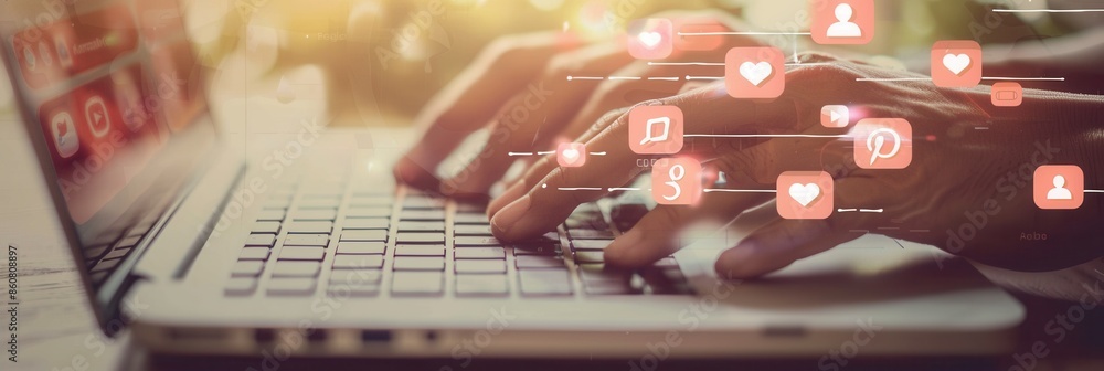 Poster hands typing on a laptop with social media icons floating around, representing the online world of d