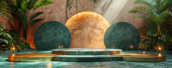 Luxurious gold podium with diverse shapes in a tropical setting