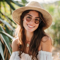brown hair Happy smiling Young beautiful woman wear a hat and sunglass in summer