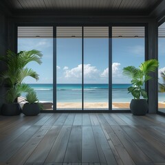 beautiful home interior space with black living room wooden floor with ocean seaside blue sky sea sand beach summer freshness travel season window view house design tropical style