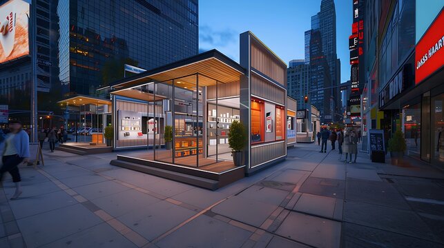 series of pop-up retail stores in a bustling city center