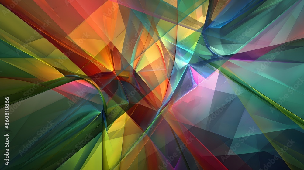 Poster 14. design a geometric abstract scene with intersecting planes and translucent layers, refracting li