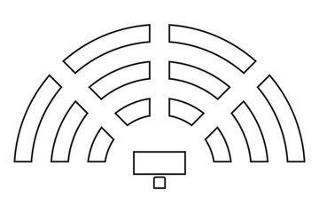 Auditorium seatings plan in semicircle arrangment. Schema of seats in classroom, lectorium or meeting, conference, training or seminar event. Desks and chairs icons top view. Vector illustration