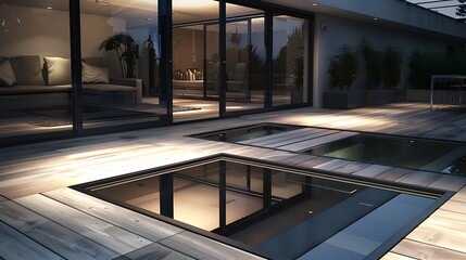 Fototapeta premium minimalist deck with hidden floor panels that lift to reveal a reflective pool