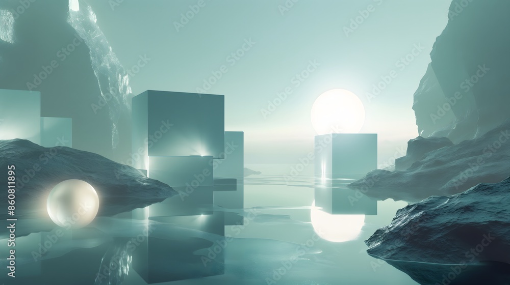 Poster 2. design a minimalist abstract landscape with floating, translucent cubes and spheres illuminated b