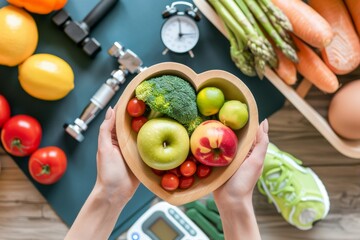 Concept for a healthy living lifestyle, including eating clean food, exercising and working out in a gym, and working out in sports shoes in a fitness center equipped with aerobic exercise equipment,