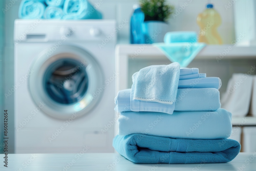 Poster A stack of freshly laundered clothes sits neatly folded on a countertop in front of a washing machine. Generative AI