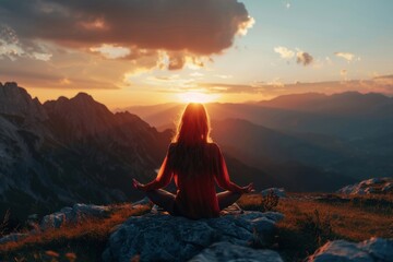Fototapeta premium A fitness girl practicing yoga on a mountain in silhouette