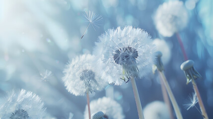 Obraz premium Dreamy dandelions blowball flowers seeds fly in the wind against sunlight Vintage Dusty Blue pastel toned Macro soft focus Image of spring Nature greeting card background : Generative AI