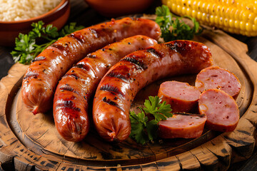 Barbecue sausage on wood table, the grill on background, barbecue party food, brazilian barbecue.
