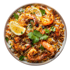 Fototapeta premium Delicious shrimp biryani garnished with fresh cilantro and lemon slices, served in a bowl. Perfect for seafood and rice dish lovers.