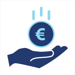 Money income, earning, salary icon design. Euro coin on hand isolated on white background. Vector illustration Hand with euro coin currency money Icon. Money concept, design element.