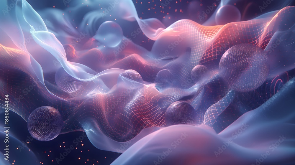 Poster 7. generate a kinetic abstract environment with cascading layers of pulsating waves and glowing orbs