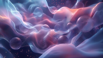 Fototapeta premium 7. Generate a kinetic abstract environment with cascading layers of pulsating waves and glowing orbs, creating an illusion of depth and movement.
