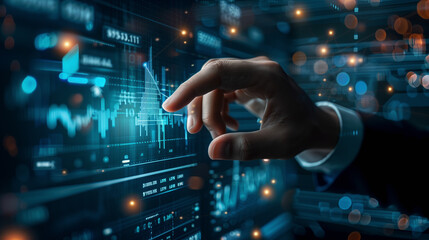 A hand of a businessman touching stock market financial investment and trading graph interface