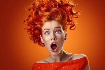 Surprised Woman with Big Hair - Orange Background - Concept of Bold Expression