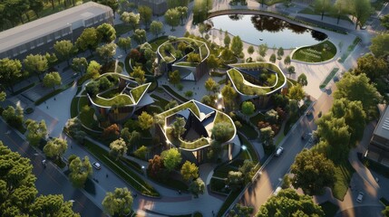Advertising Product Photo of Modern Low Office Buildings Shaped Like a Recycling Logo