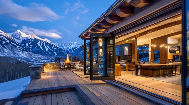 mountain home with bi-folding glass doors that open to a panoramic deck facing snow-capped peaks, merging alpine warmth with breathtaking views