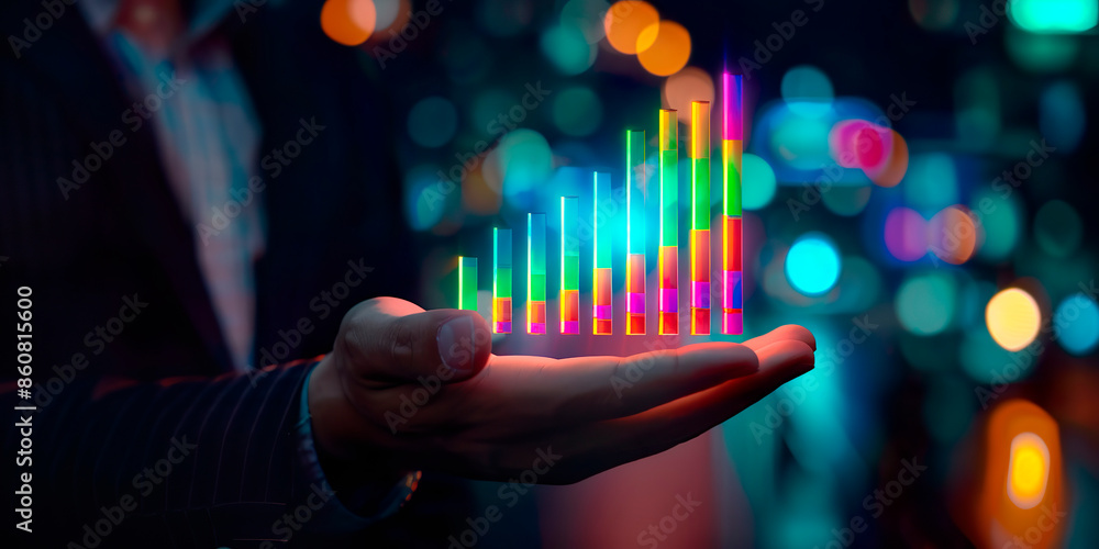 Poster a man is holding a hand with a colorful bar graph. the bars are of different colors and sizes, and t